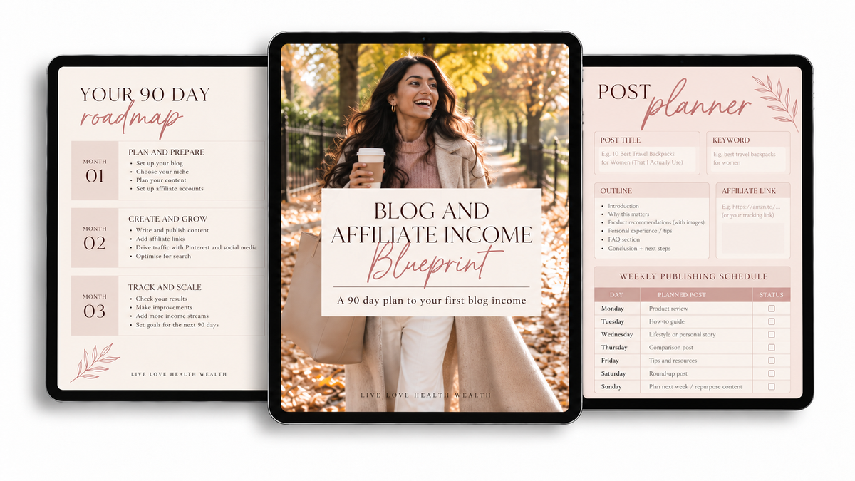 Blog and Affiliate Income Blueprint on three iPads