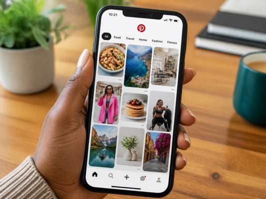 Hand holding a phone showing the Pinterest feed with colourful pins