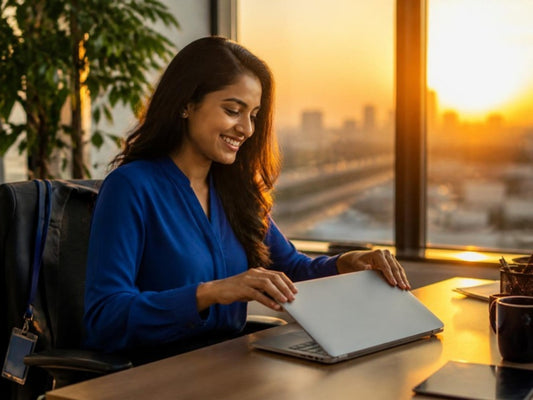 Woman smiling as she closes her laptop at a desk by a window at sunset