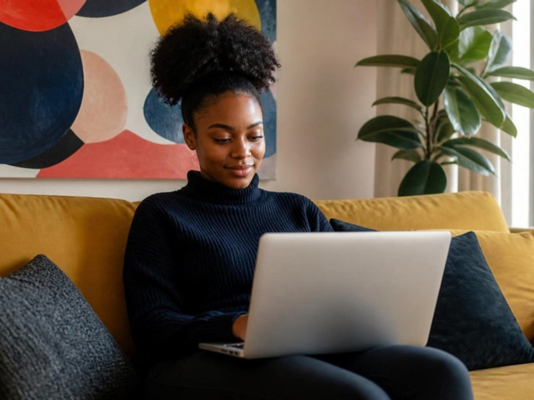 Woman with a laptop on a mustard yellow sofa in a room with colourful art