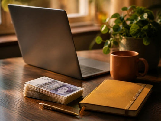 Stack of pound notes beside a laptop on a dark wood desk with a mustard notebook and a plant