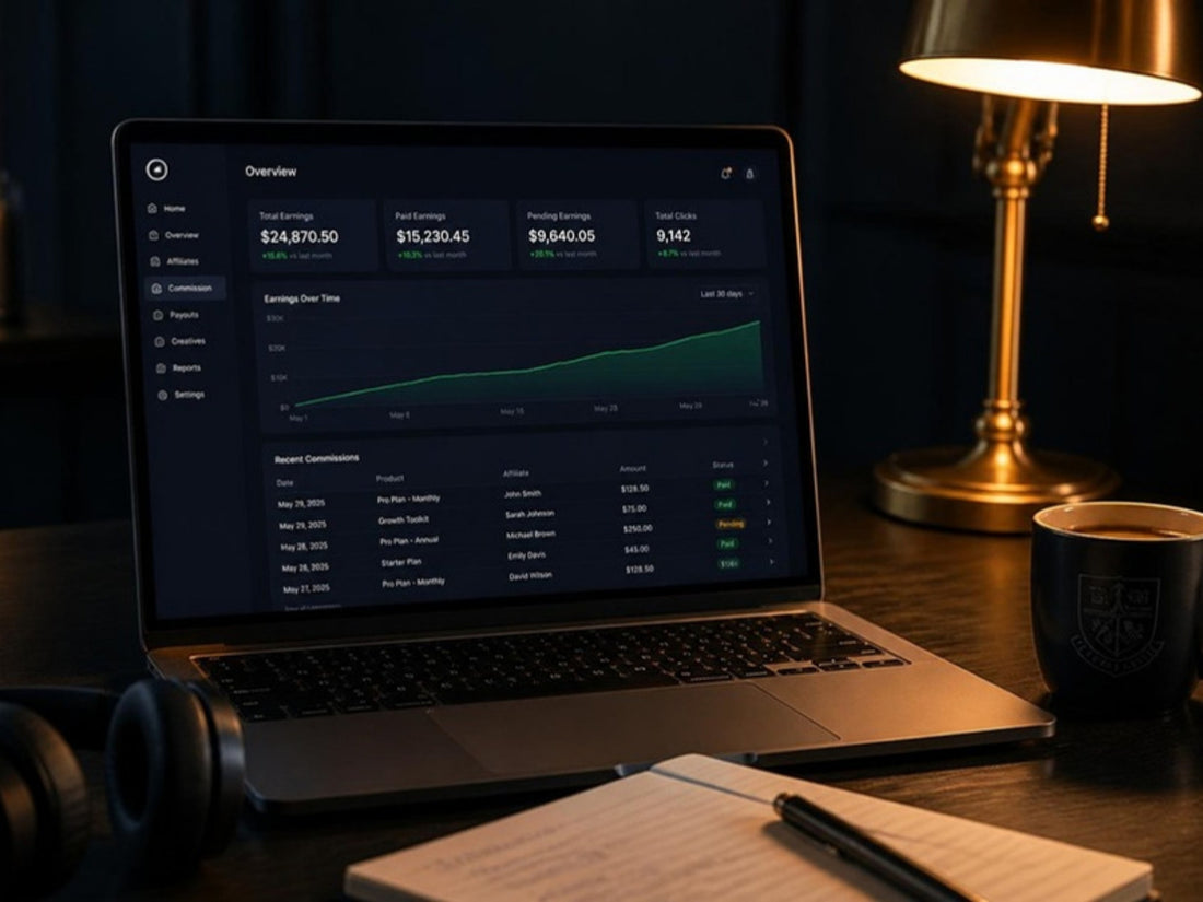 Laptop on a dark desk showing an earnings dashboard with a rising chart beside a brass lamp