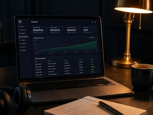 Laptop on a dark desk showing an earnings dashboard with a rising chart beside a brass lamp
