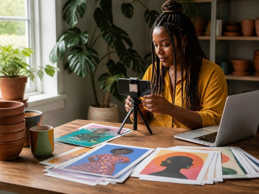 Woman photographing a stack of colourful art prints with a phone on a tripod