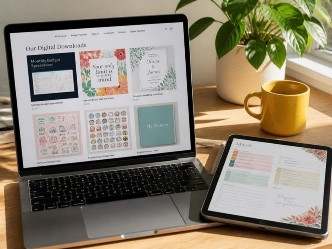 Laptop showing a shop of colourful digital downloads beside an iPad with a digital planner