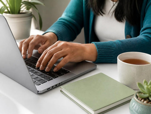 Woman's hands typing on a laptop beside a sage green notebook and a mug of tea