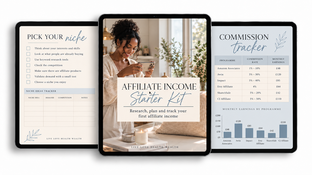 Affiliate Income Starter Kit on three iPads
