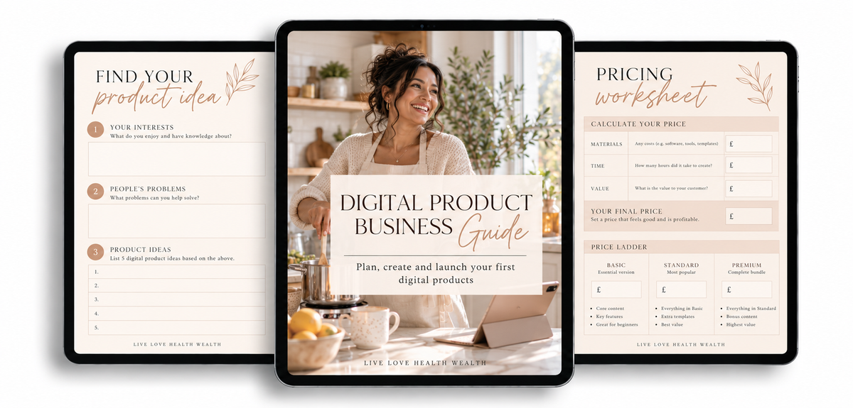 Digital Product Business Guide on three iPads